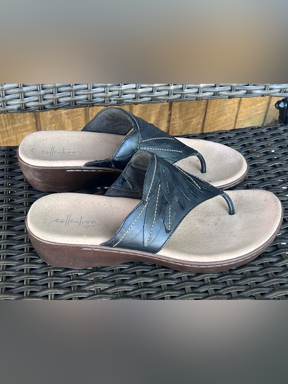 Size 9.5- Clarks Collection Sandals- Black Pearl leather Toe Thong Wedge